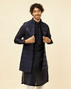 Midnight Blue Sequinned Jaal Patterned Kurta Jacket Set image number 0